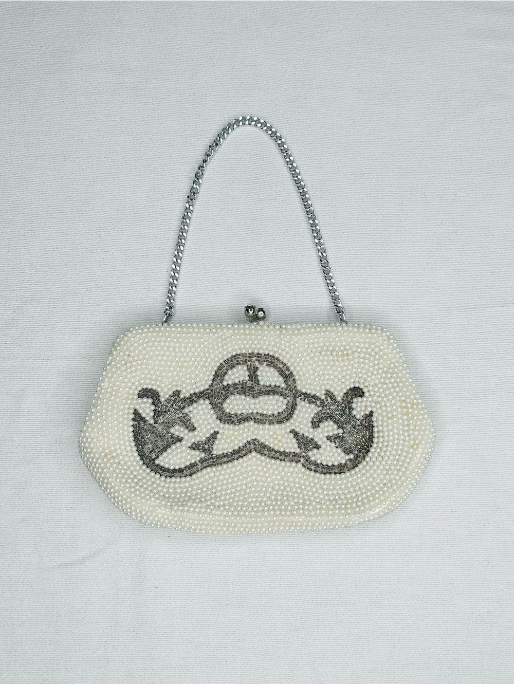 Vintage Pearl & Silver Beaded Clutch Bag Purse Tuckable Chain Bridal Wedding